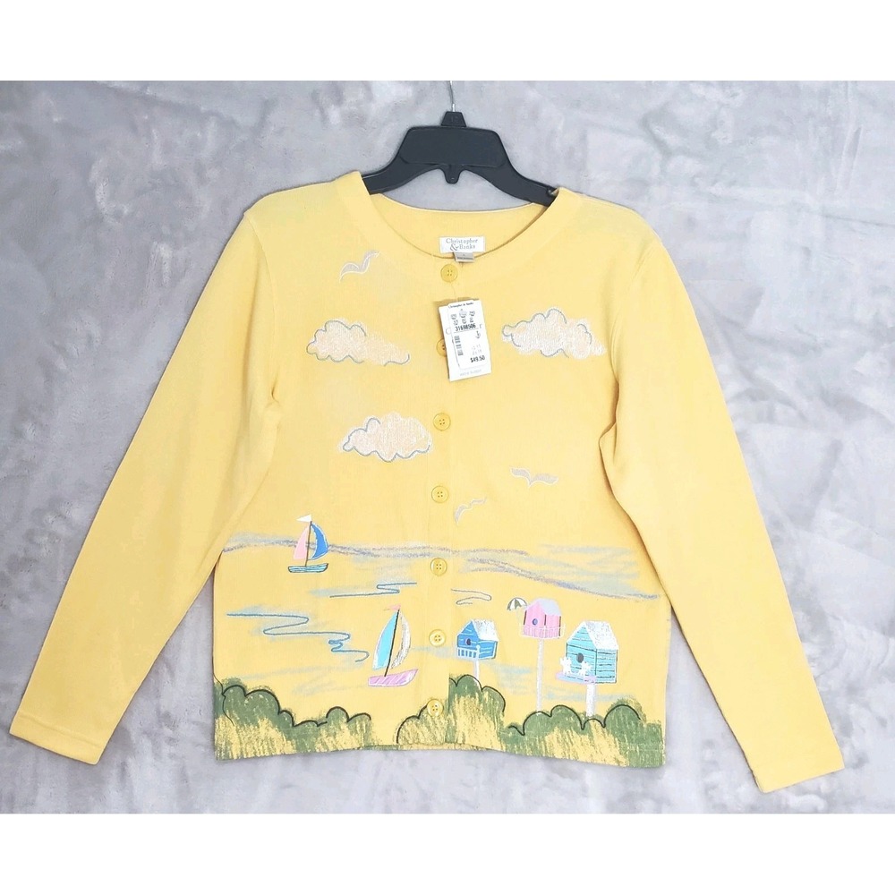 Vtg Christopher & Banks Sea Shore Cardigan Womens S Yellow Sailboats Beach NWT